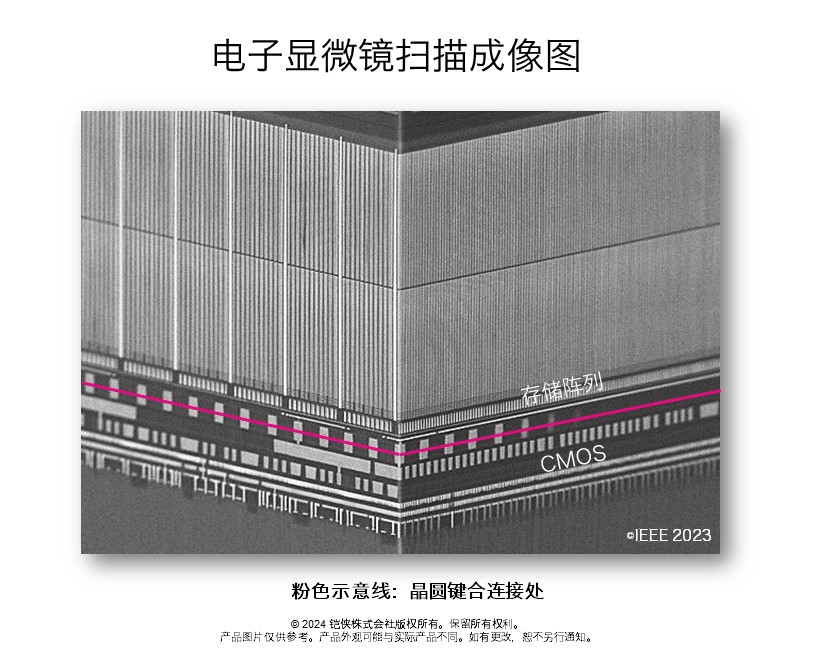 上图为第八代BiCS FLASH的电⼦显微照片。图中的粉色线表示贴合面,上部为存储单元阵列,下部为CMOS电路。从图中可以看出,两者粘合得十分紧密,其特征是间距极窄,仅为几微米。 提供:铠侠